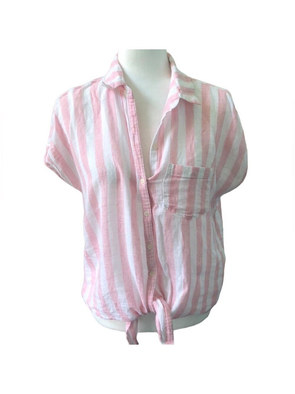 Old Navy Pink White Striped Linen Cotton Tie Front Top Size Medium